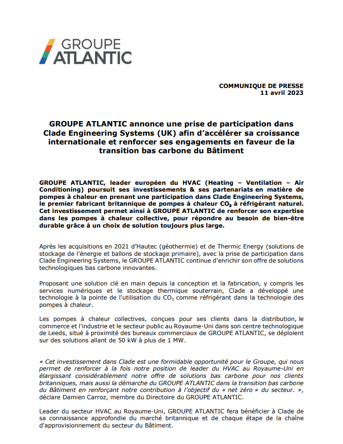 GROUPE ATLANTIC annonce une prise de participation dans Clade Engineering Systems (UK) afin d’accélérer sa croissance internationale et renforcer ses engagements en faveur de la transition bas carbone du Bâtiment