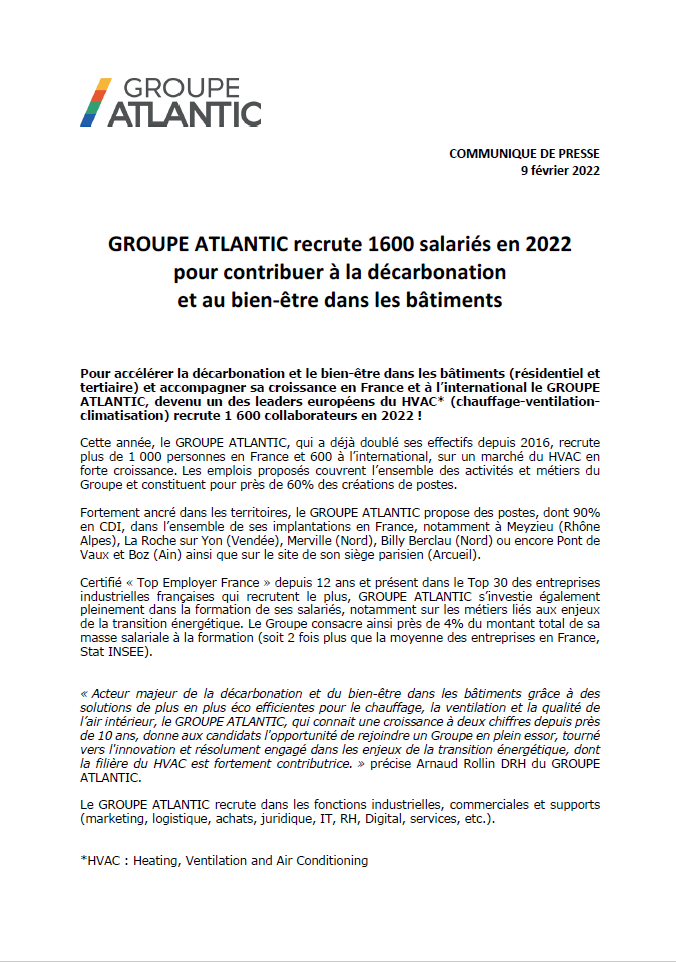 GROUPE ATLANTIC recrute 1600 salariés en 2022 pour contribuer à la décarbonation et au bien-être dans les bâtiments