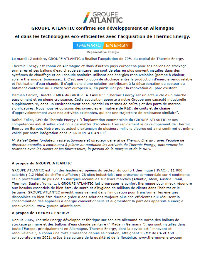 GROUPE ATLANTIC confirme son développement en Allemagne et dans les technologies éco-efficientes avec l'acquisition de Thermic Energy.