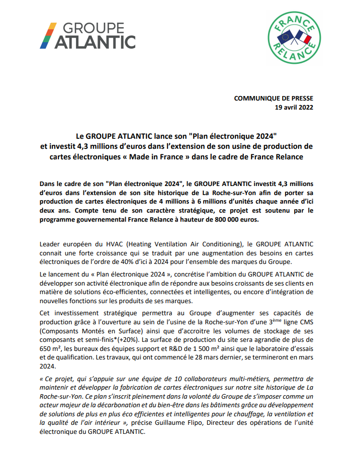 Le GROUPE ATLANTIC lance son "Plan électronique 2024"  et investit 4,3 millions d’euros dans l’extension de son usine de production de cartes électroniques « Made in France » dans le cadre de France Relance