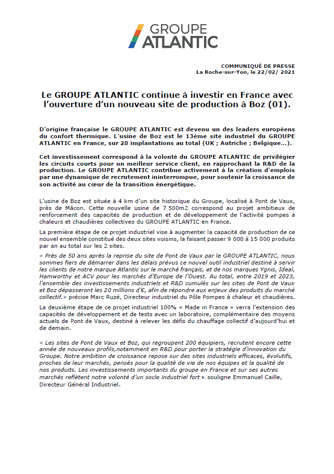 Le GROUPE ATLANTIC continue à investir en France avec l’ouverture d’un nouveau site de production à Boz (01).